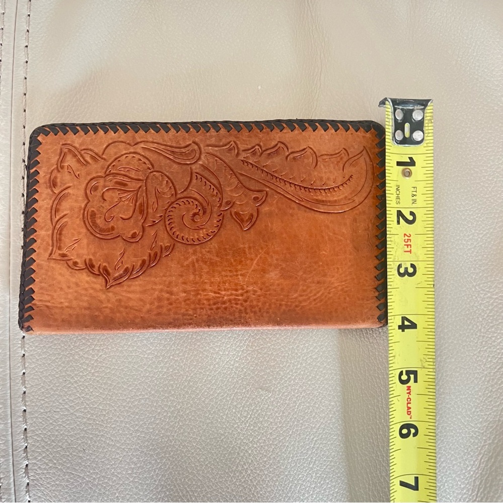Tooled Leather Wallet Western Floral Embossed Brown Boho Retro Checkbook - Picture 9 of 12
